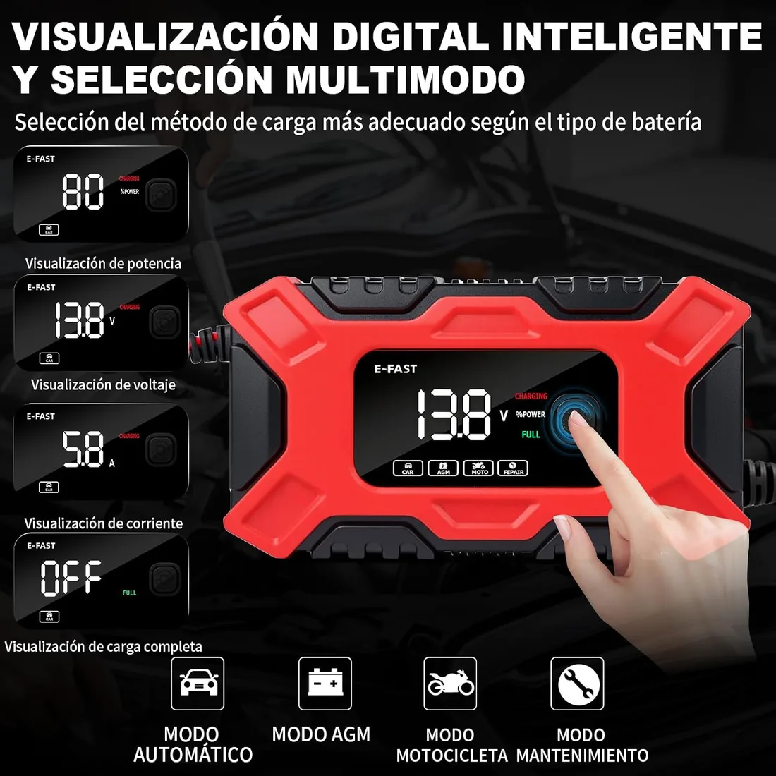 Cargador Baterias Coche, 12V 6A Cargador de Batería de Coche Inteligente con Reparación y Pantalla LCD, Múltiples Protecciones, Cargador de Batería para Automóviles Moto AGM, Gel, SLA foto 3