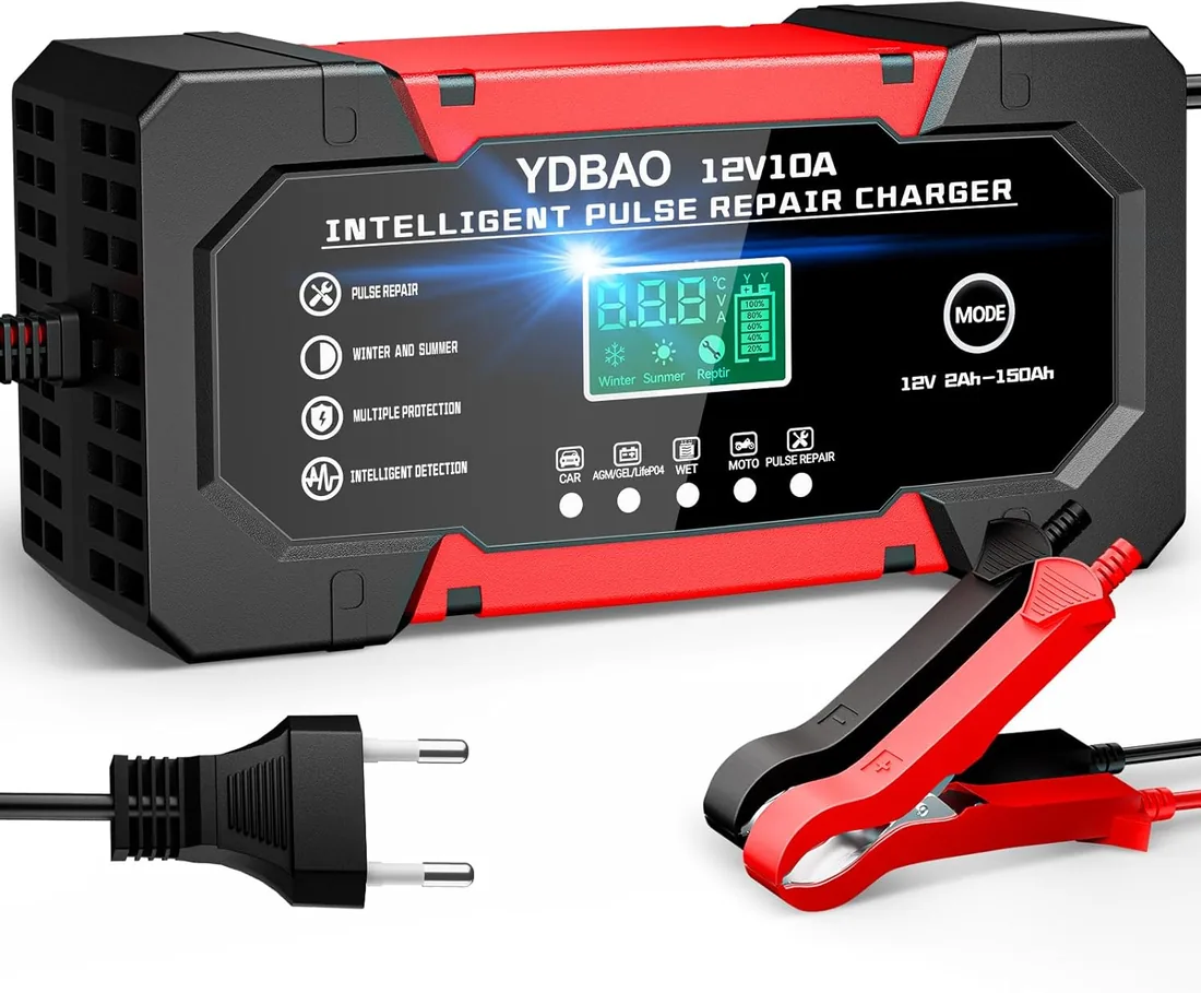 Cargador Baterias Coche y Moto 10A 12V para Auto,Moto,Camión,AGM,SLA,Gel | Pantalla LCD con Monitorización，Reparación por Pulsos，Protección Múltiple ，Para Coches, Motos, SUV, Furgonetas