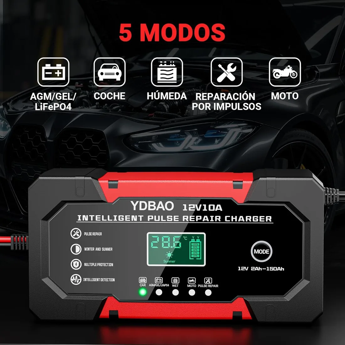 Cargador Baterias Coche y Moto 10A 12V para Auto,Moto,Camión,AGM,SLA,Gel | Pantalla LCD con Monitorización,Reparación por Pulsos,Protección Múltiple ,Para Coches, Motos, SUV, Furgonetas foto 2