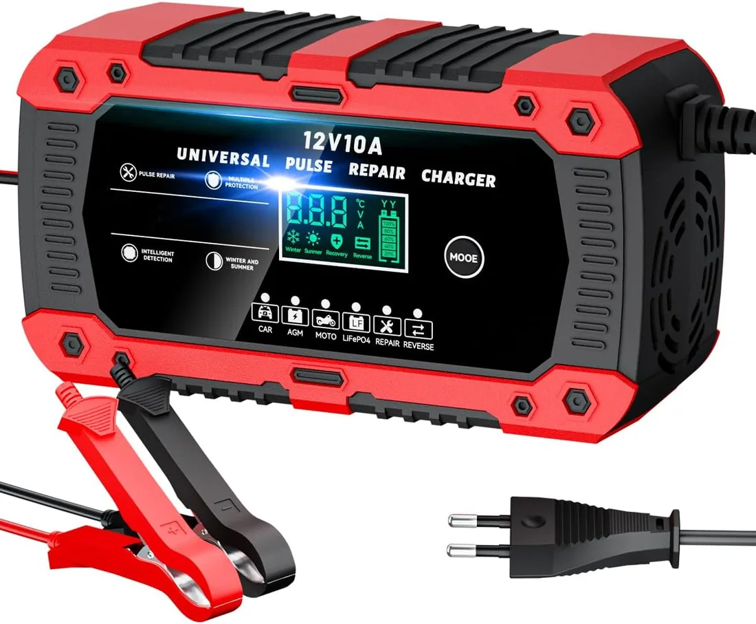 Cargador de Batería de Coche 12V 10A Cargador baterias Coche AGM Gel SLA | Pantalla Táctil LCD Inteligente,Protección de Seguridad Múltiple,Modo de Reparación,Para Auto Moto Camión