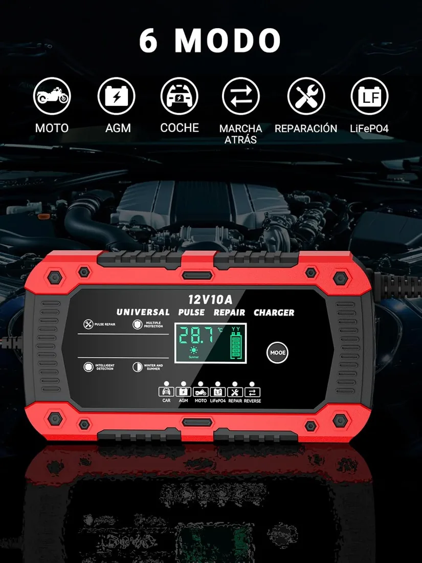 Cargador de Batería de Coche 12V 10A Cargador baterias Coche AGM Gel SLA | Pantalla Táctil LCD Inteligente,Protección de Seguridad Múltiple,Modo de Reparación,Para Auto Moto Camión foto 2