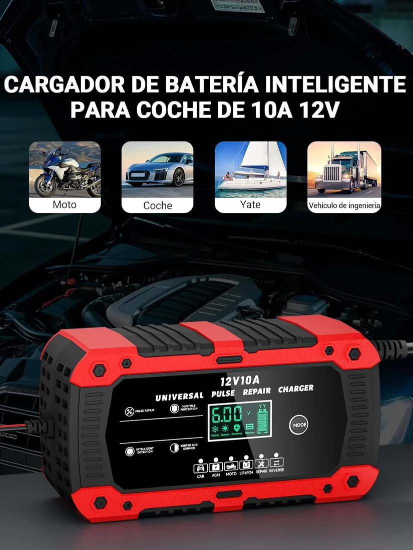 Cargador de Batería de Coche 12V 10A Cargador baterias Coche AGM Gel SLA | Pantalla Táctil LCD Inteligente,Protección de Seguridad Múltiple,Modo de Reparación,Para Auto Moto Camión foto 3