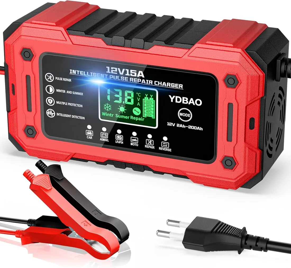 Cargador de Batería de Coche 12V 15A para Coche Moto AGM SLA Gel LiFePO4 | Cargador Baterias Coche y Moto Inteligente Reparación ,Pantalla LCD,Múltiples Protecciones,Carga Rápida
