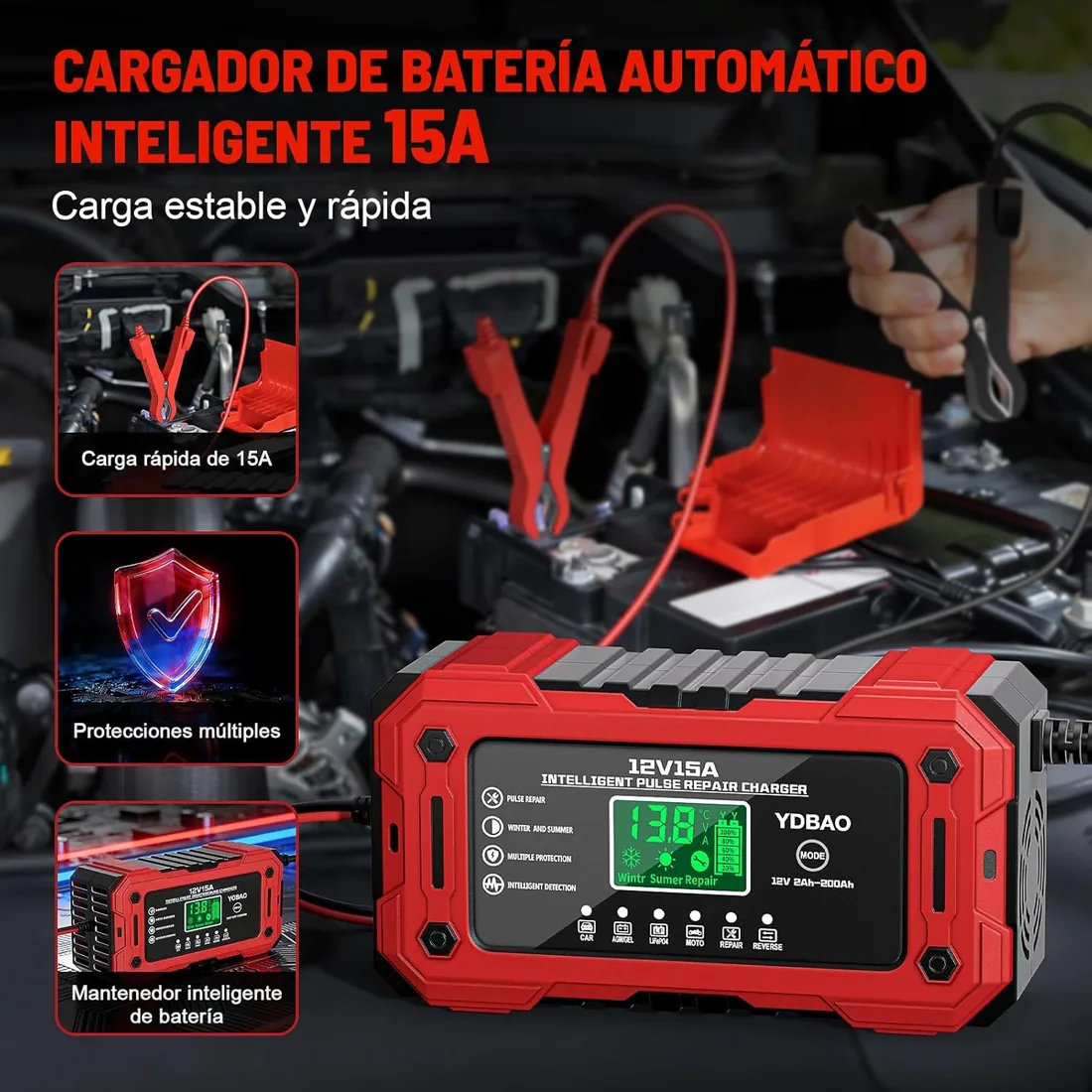 Cargador de Batería de Coche 12V 15A para Coche Moto AGM SLA Gel LiFePO4 | Cargador Baterias Coche y Moto Inteligente Reparación ,Pantalla LCD,Múltiples Protecciones,Carga Rápida foto 3