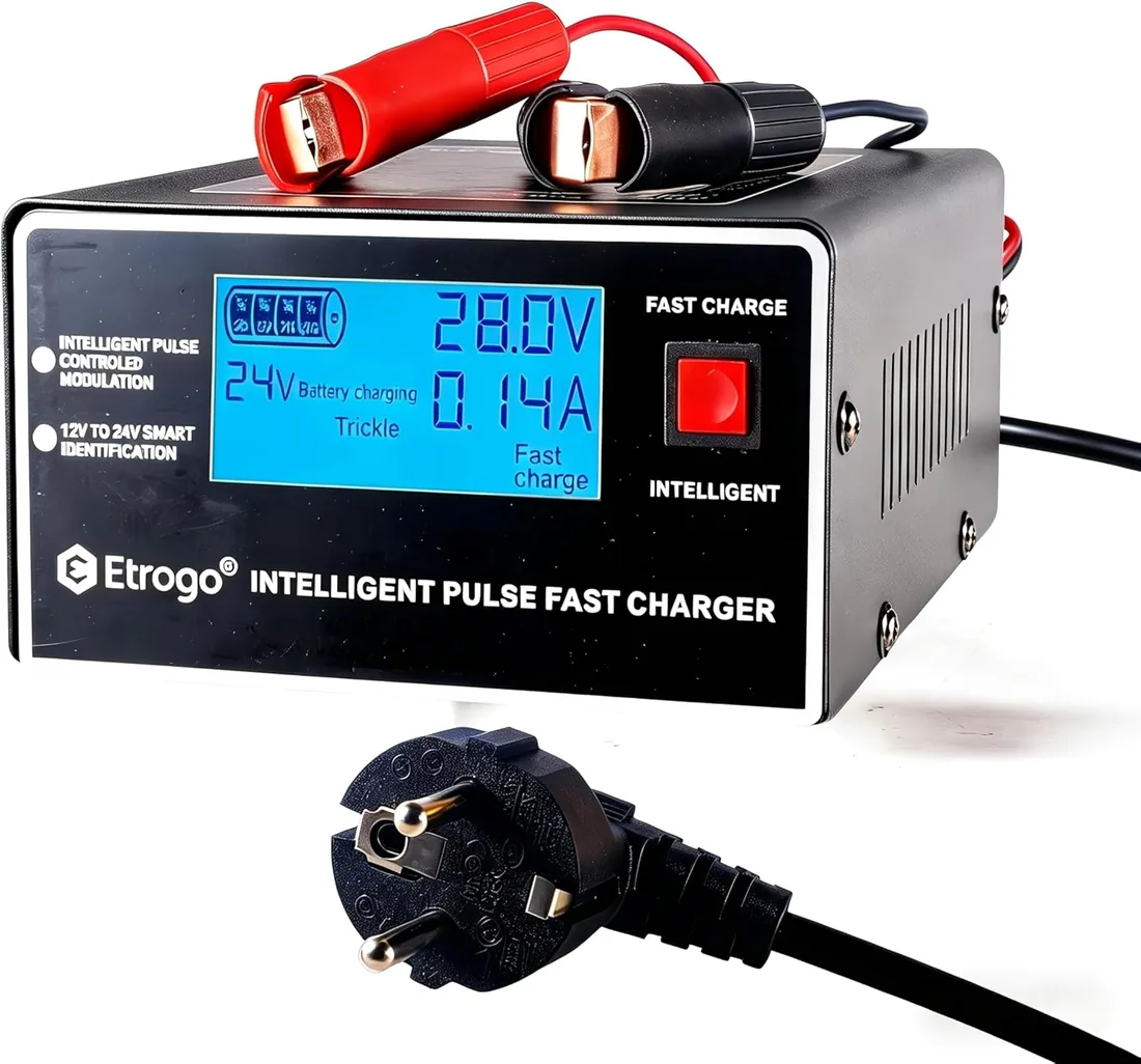 Etrogo Cargador Coche 12V 24V 10A 250W de Pulso Inteligente con Función Automática de Detección Reparación Mantenimiento con Pantalla LCD