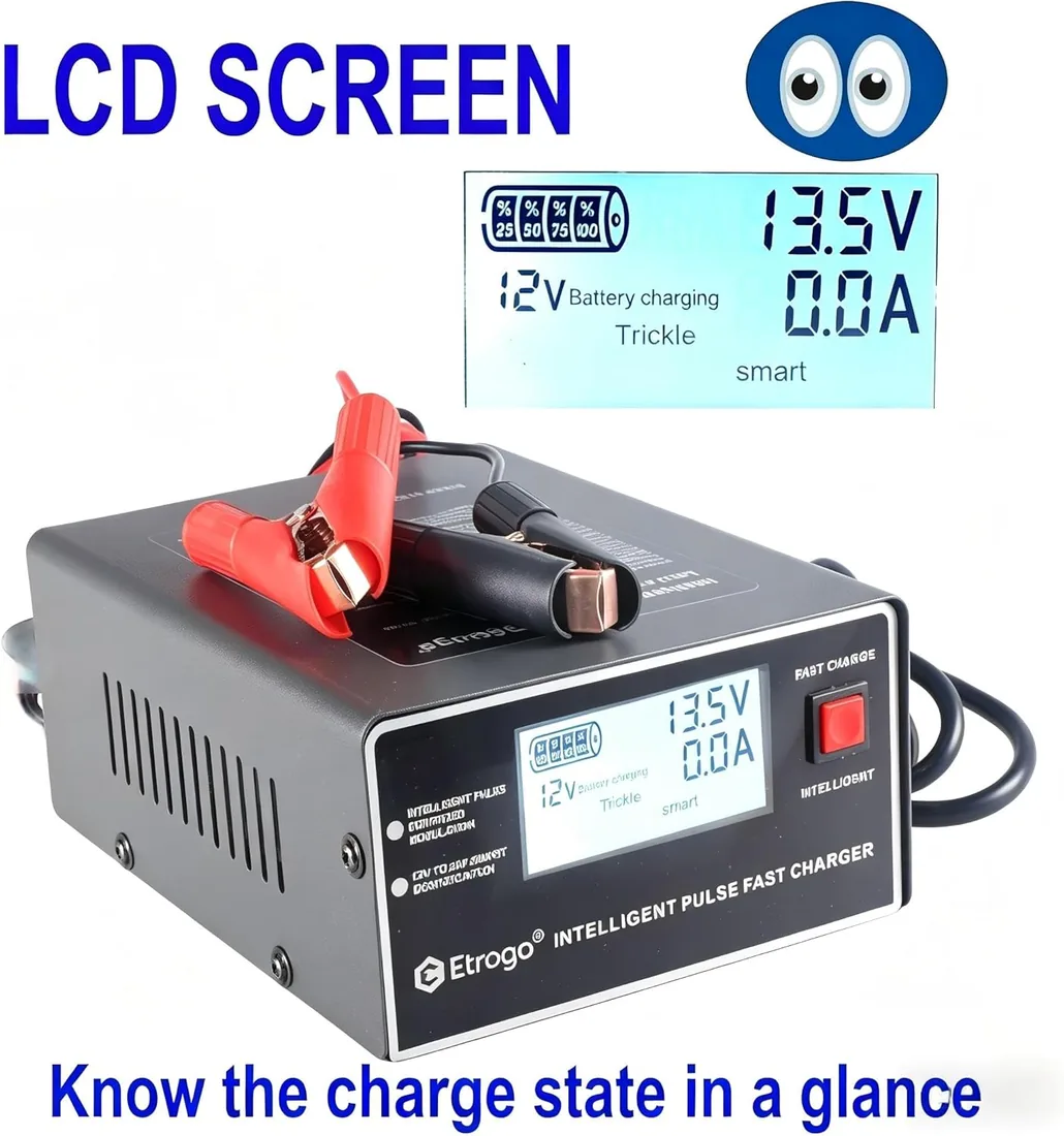 Etrogo Cargador Coche 12V 24V 10A 250W de Pulso Inteligente con Función Automática de Detección Reparación Mantenimiento con Pantalla LCD foto 2