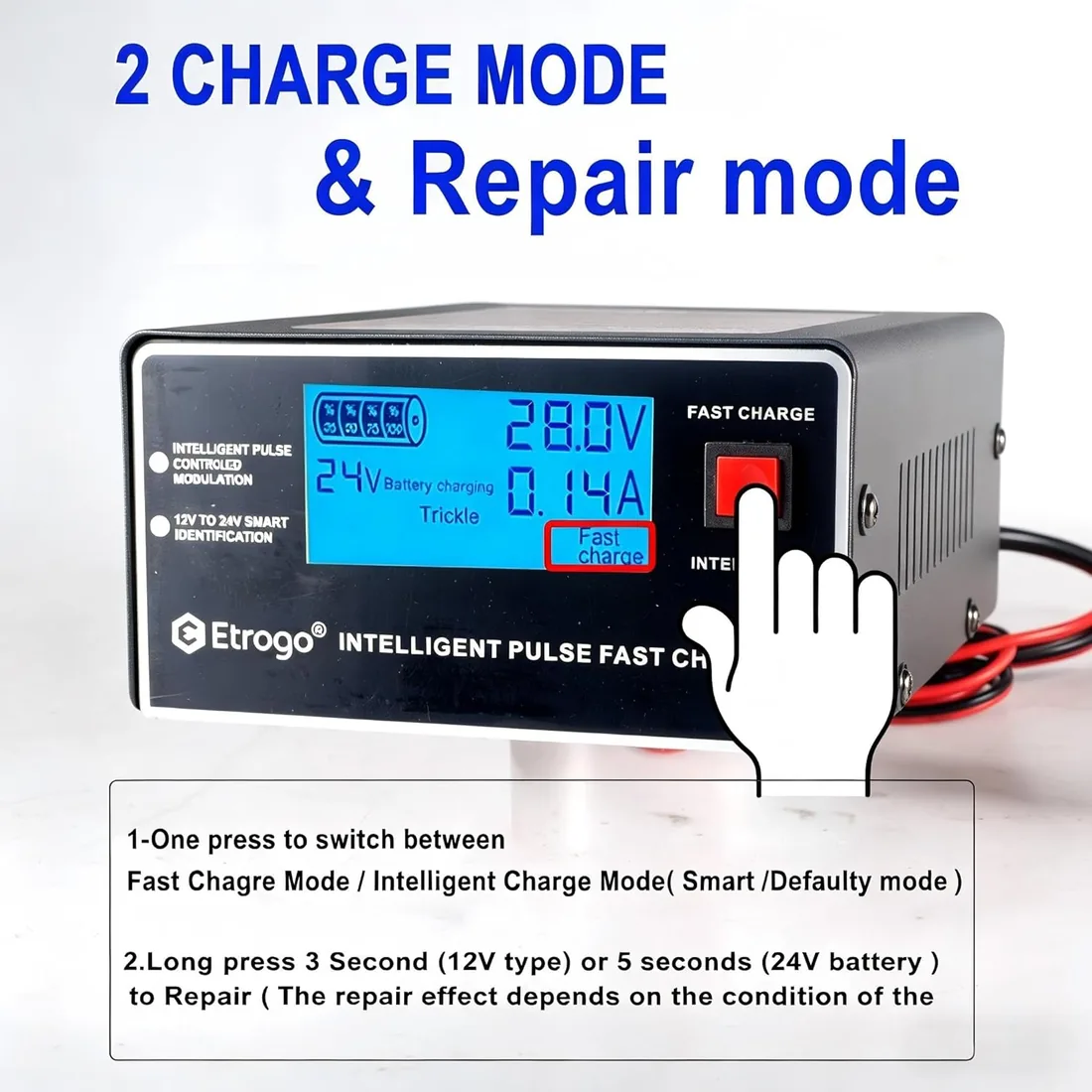 Etrogo Cargador Coche 12V 24V 10A 250W de Pulso Inteligente con Función Automática de Detección Reparación Mantenimiento con Pantalla LCD foto 3