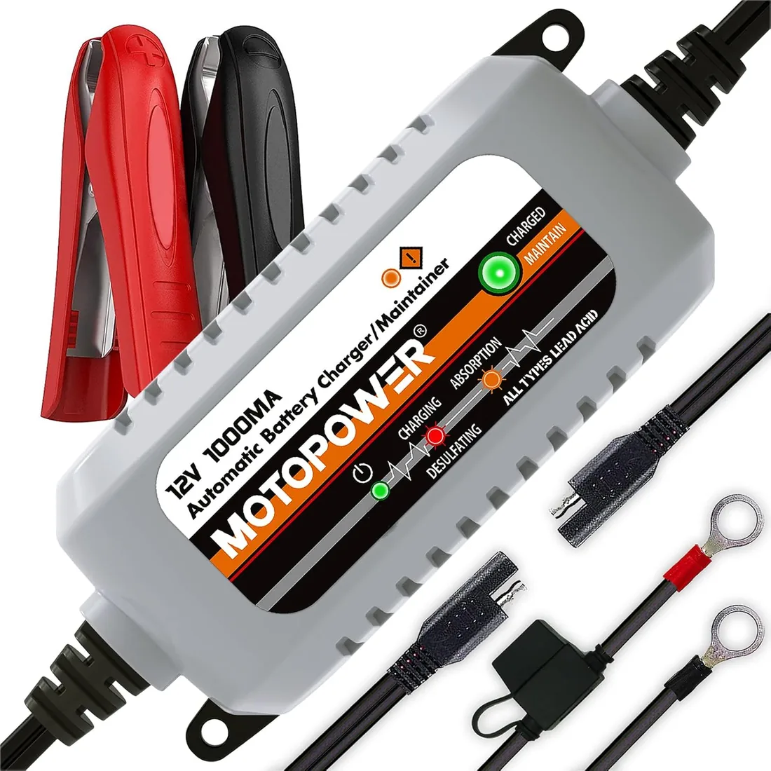 MOTOPOWER MP00205B 12V 1000mA Mantenedor de Cargador de batería Completamente automático (a) - Gris