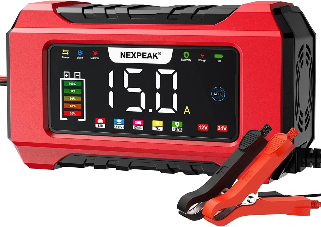NEXPEAK NC215 Cargador Inteligente Batería 15A, 12V 24V LiFePO4 para Coche | Carga 9-etapas portátil con almacenamiento de cables, Pantalla LED, Reparación pulsos, Para Plomo-ácido/LiFePO4