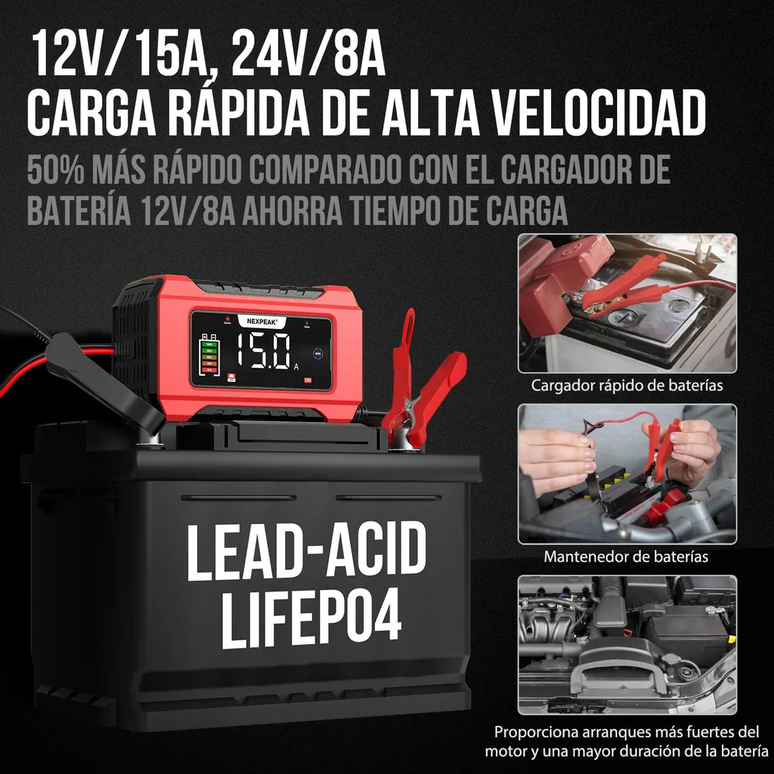 NEXPEAK NC215 Cargador Inteligente Batería 15A, 12V 24V LiFePO4 para Coche | Carga 9-etapas portátil con almacenamiento de cables, Pantalla LED, Reparación pulsos, Para Plomo-ácido/LiFePO4 foto 2
