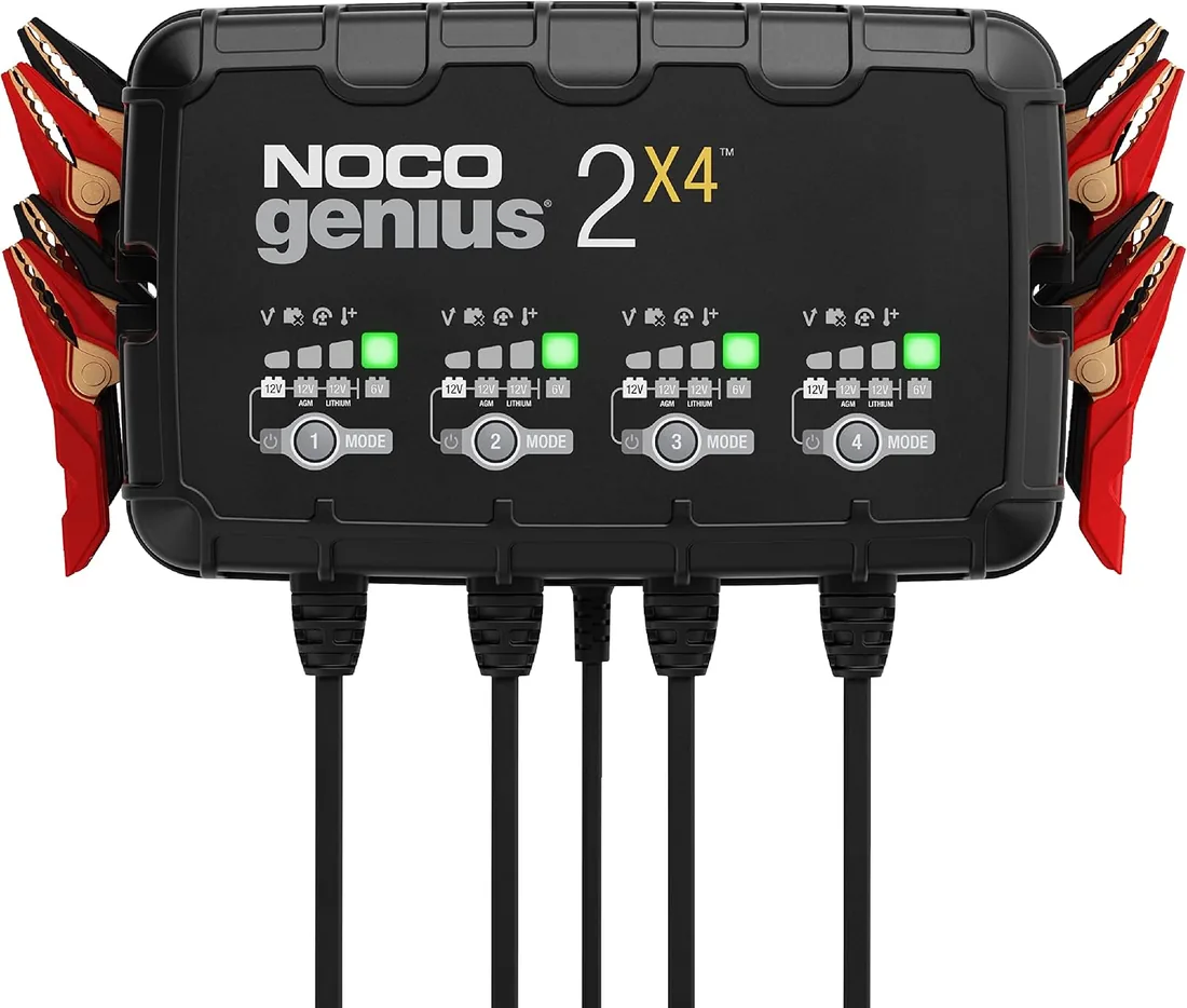 NOCO GENIUS2X4: Cargador Inteligente de baterías 8A con 4 Bancos (2A/Banco) – Mantenedor automático y desulfatador 6V/12V – Protección contra sobrecarga – para baterías de Plomo y Litio