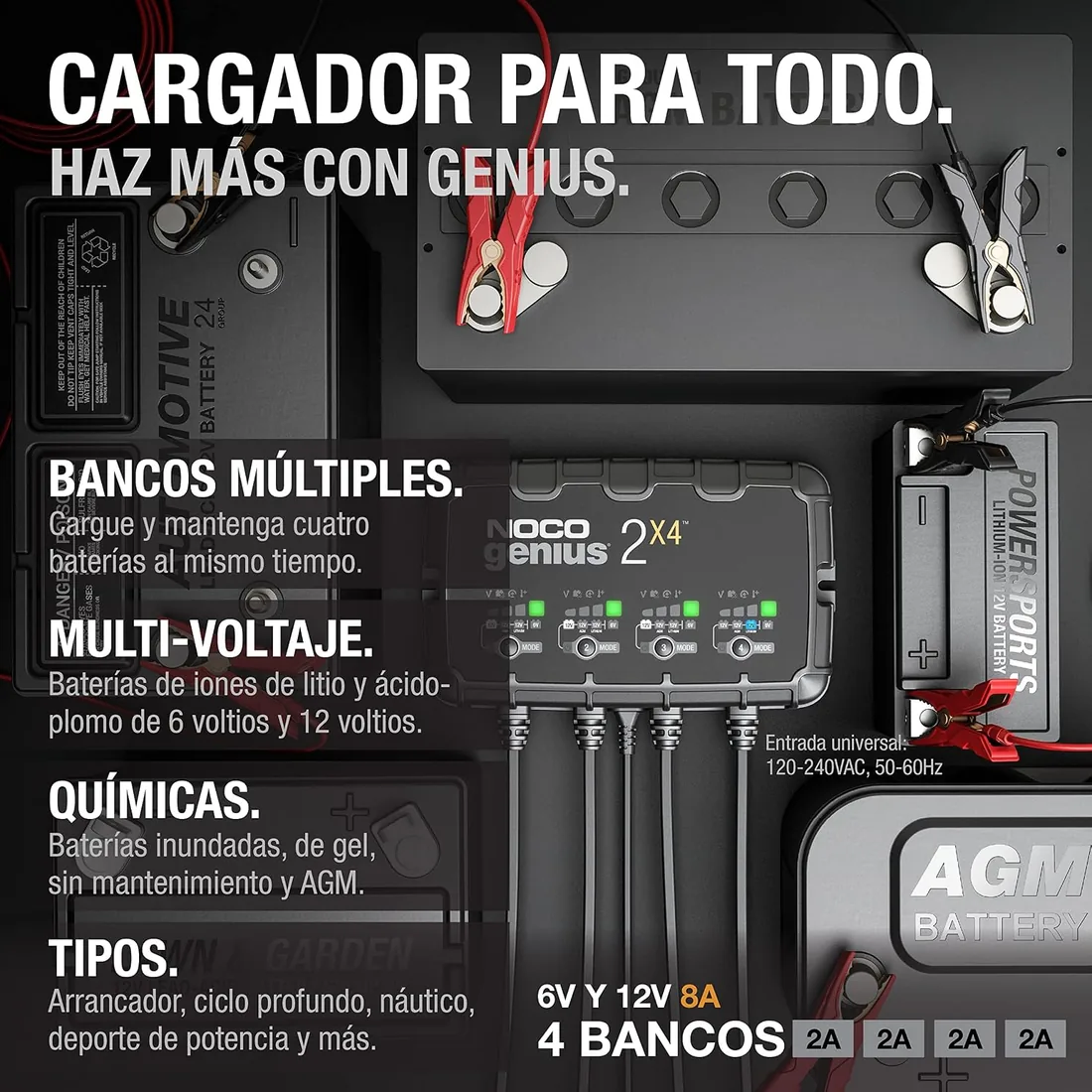 NOCO GENIUS2X4: Cargador Inteligente de baterías 8A con 4 Bancos (2A/Banco) – Mantenedor automático y desulfatador 6V/12V – Protección contra sobrecarga – para baterías de Plomo y Litio foto 2