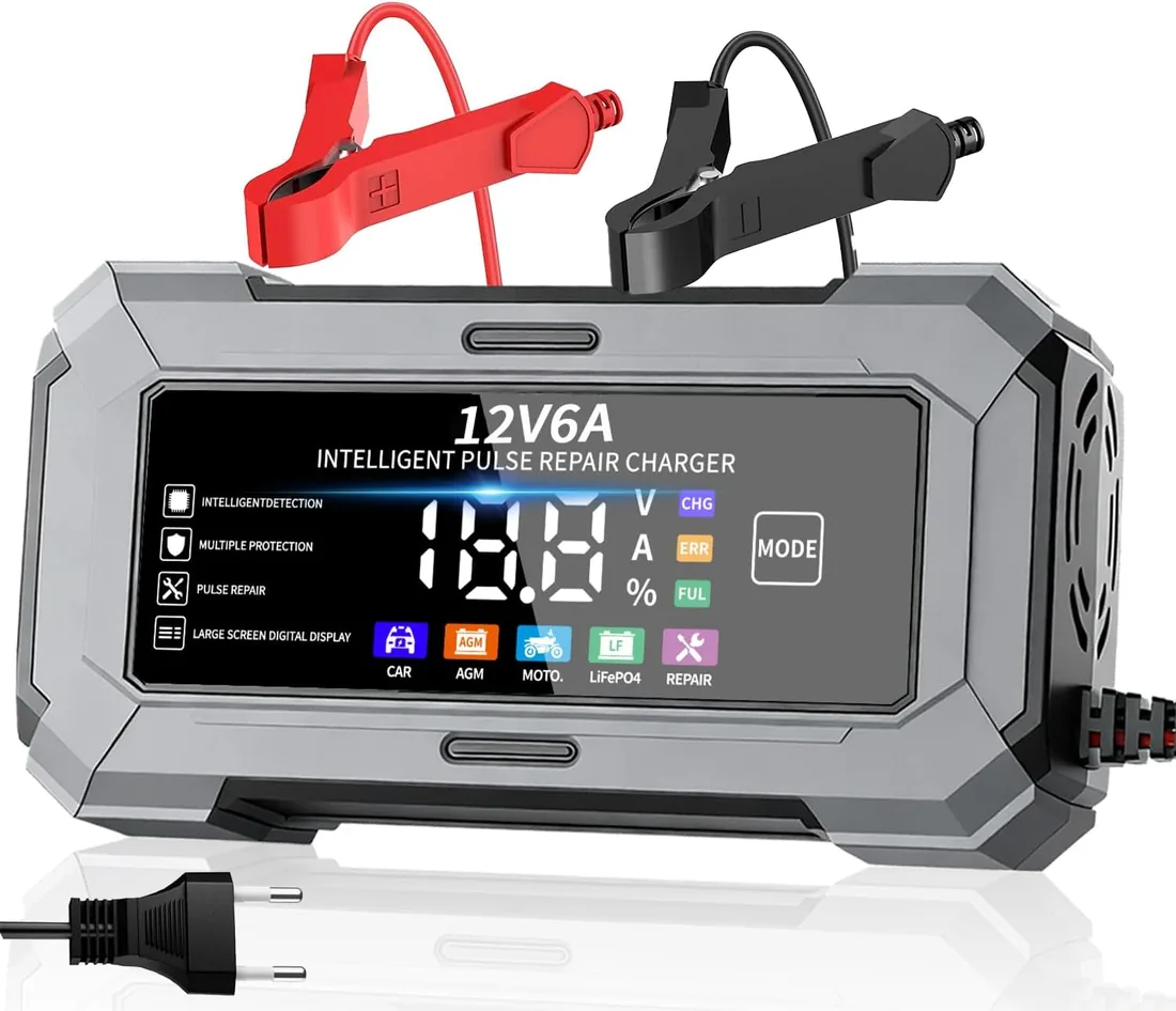 TANYO Cargador de Baterias de Coche, 12V 6A, Inteligente Reparación | Carga Rápida,10 Protecciones, Pantalla LCD, Compensación de Temperatura, para Auto, Moto, Camión, AGM, Gel