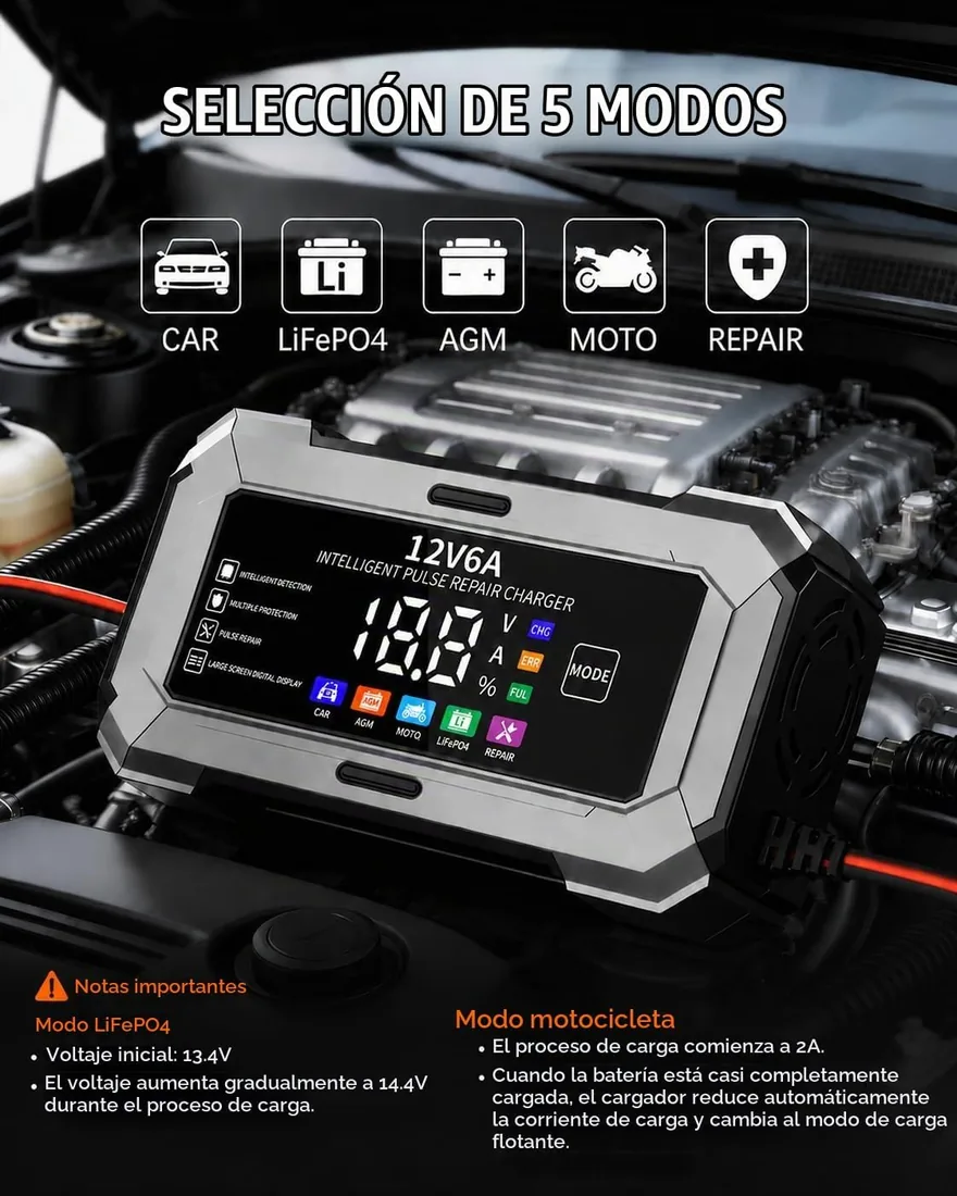 TANYO Cargador de Baterias de Coche, 12V 6A, Inteligente Reparación | Carga Rápida,10 Protecciones, Pantalla LCD, Compensación de Temperatura, para Auto, Moto, Camión, AGM, Gel foto 2