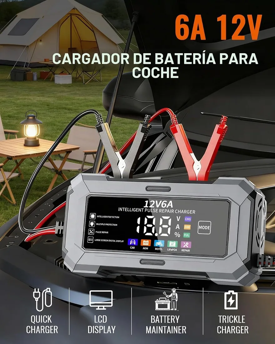 TANYO Cargador de Baterias de Coche, 12V 6A, Inteligente Reparación | Carga Rápida,10 Protecciones, Pantalla LCD, Compensación de Temperatura, para Auto, Moto, Camión, AGM, Gel foto 3