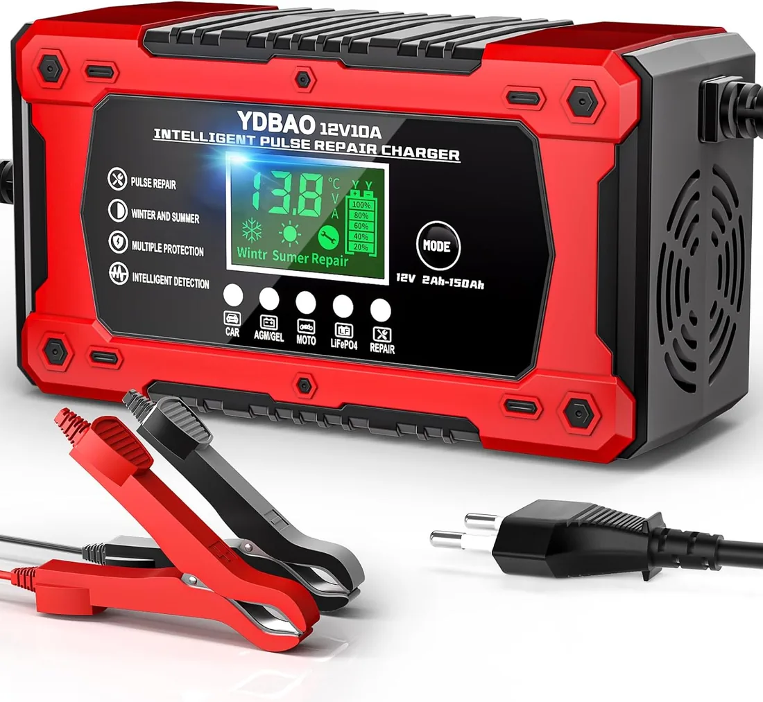YDBAO Cargador baterias Coche 12V 10A para Auto,Moto, Camión, AGM, Gel,SLA | Reparación por pulsos,Múltiples Protecciones,Pantalla LCD,Monitorización en Tiempo Real,Para Coches, Motos, SUV