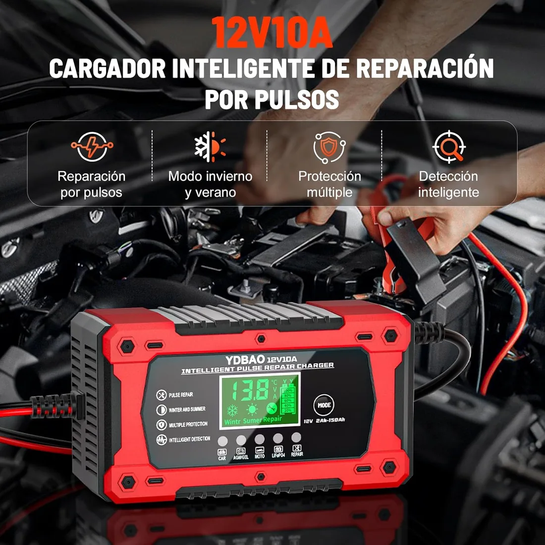 YDBAO Cargador baterias Coche 12V 10A para Auto,Moto, Camión, AGM, Gel,SLA | Reparación por pulsos,Múltiples Protecciones,Pantalla LCD,Monitorización en Tiempo Real,Para Coches, Motos, SUV foto 2