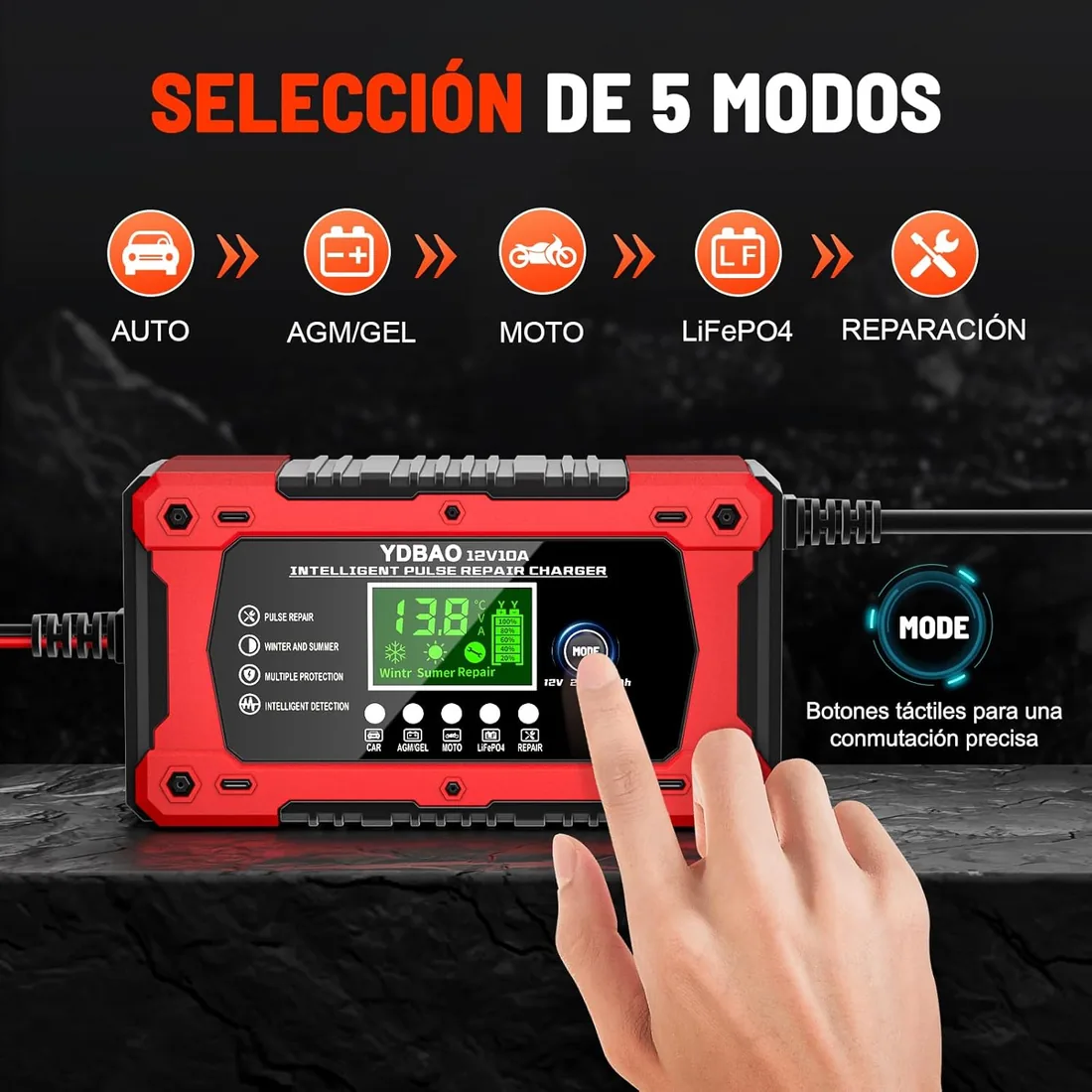 YDBAO Cargador baterias Coche 12V 10A para Auto,Moto, Camión, AGM, Gel,SLA | Reparación por pulsos,Múltiples Protecciones,Pantalla LCD,Monitorización en Tiempo Real,Para Coches, Motos, SUV foto 3