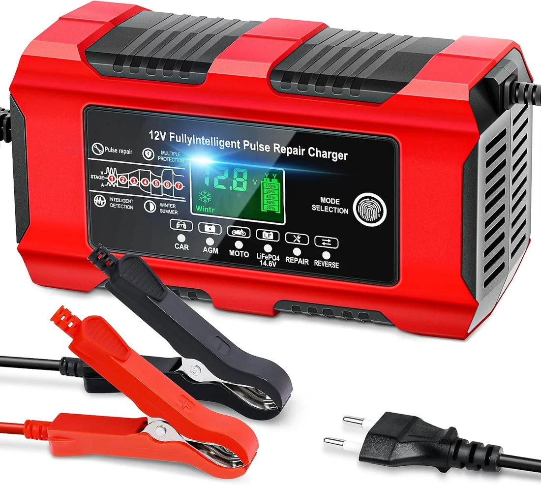 YDBAO Cargador de Baterias Coche 12V 10A para Auto,Moto, AGM, Gel, SLA | Pantalla Táctil LCD y Múltiples Protecciones,Reparación Inteligente,Pantalla LCD con datos ,Para Coches, Motos, SUV