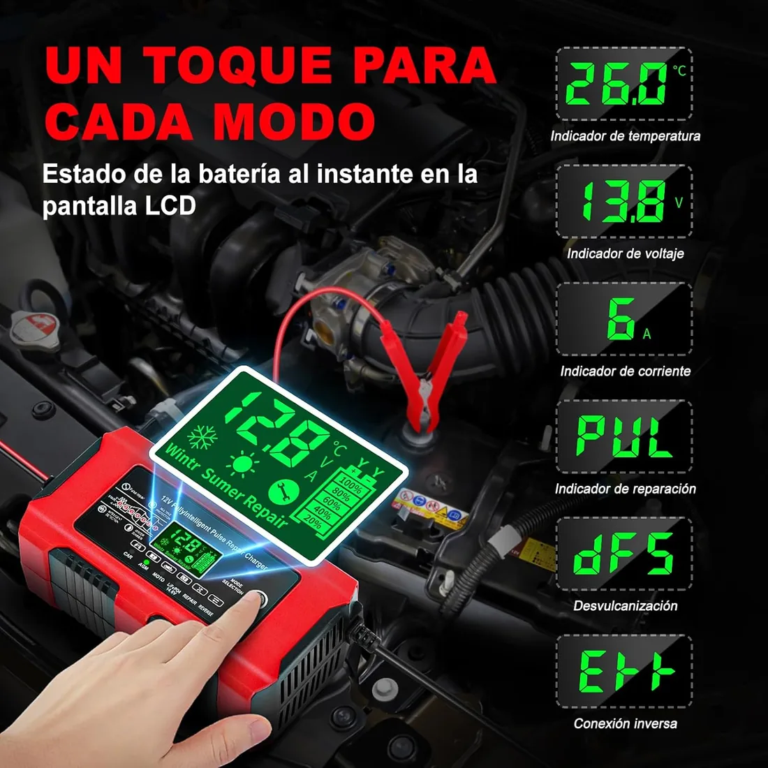 YDBAO Cargador de Baterias Coche 12V 10A para Auto,Moto, AGM, Gel, SLA | Pantalla Táctil LCD y Múltiples Protecciones,Reparación Inteligente,Pantalla LCD con datos ,Para Coches, Motos, SUV foto 2