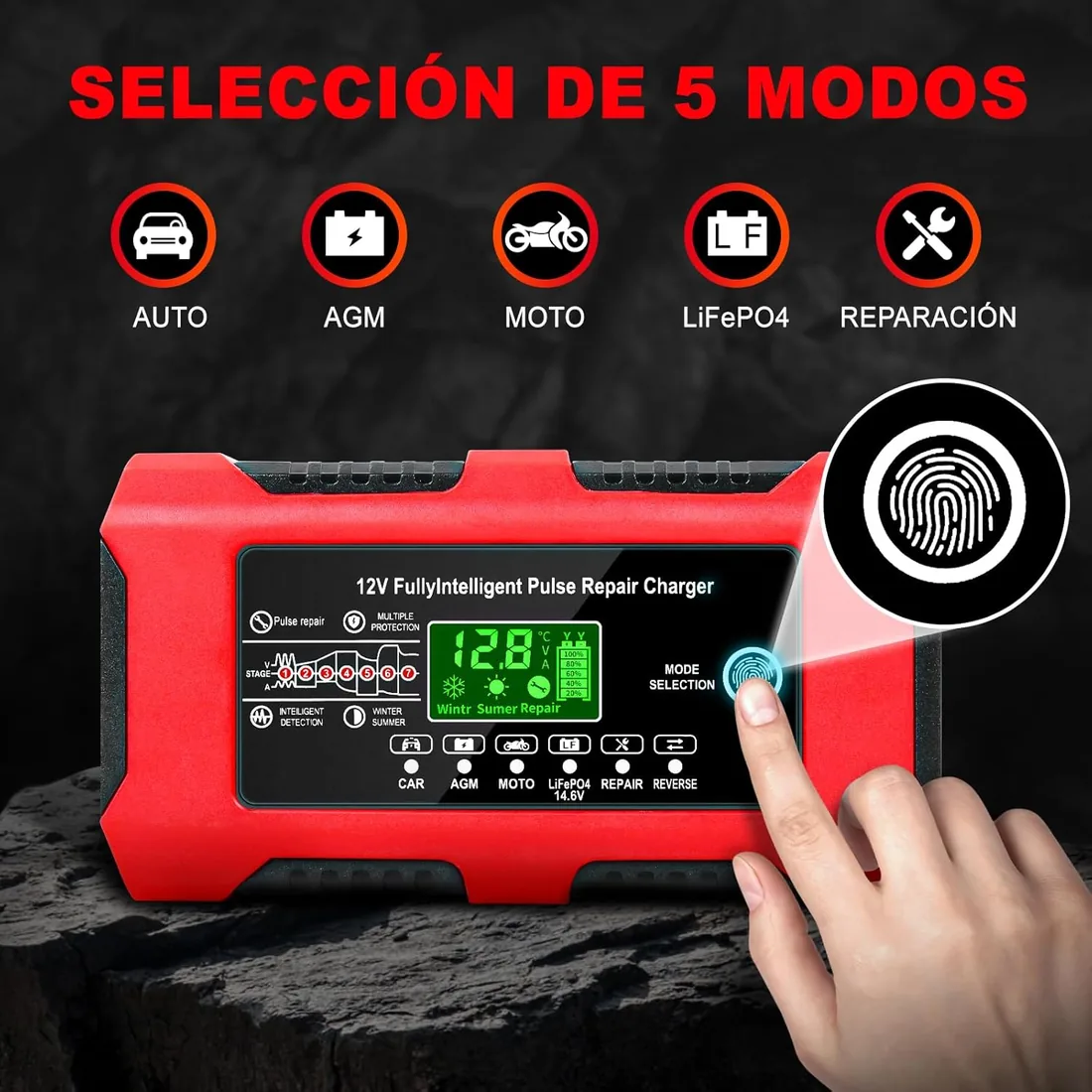 YDBAO Cargador de Baterias Coche 12V 10A para Auto,Moto, AGM, Gel, SLA | Pantalla Táctil LCD y Múltiples Protecciones,Reparación Inteligente,Pantalla LCD con datos ,Para Coches, Motos, SUV foto 3