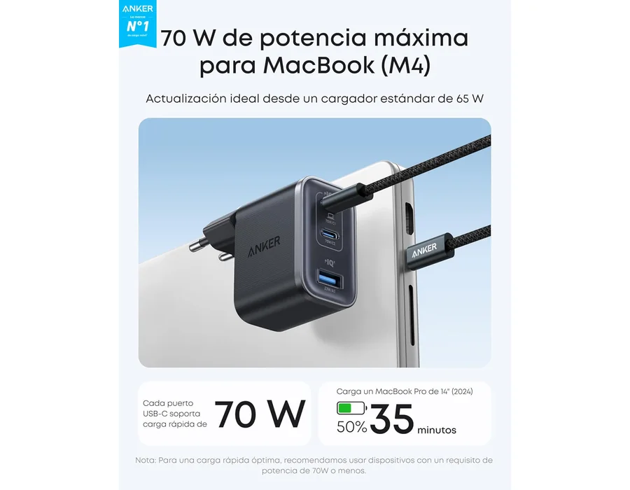 Anker Nano Cargador USB C 70W con 3 Puertos Plegable GAN foto 2