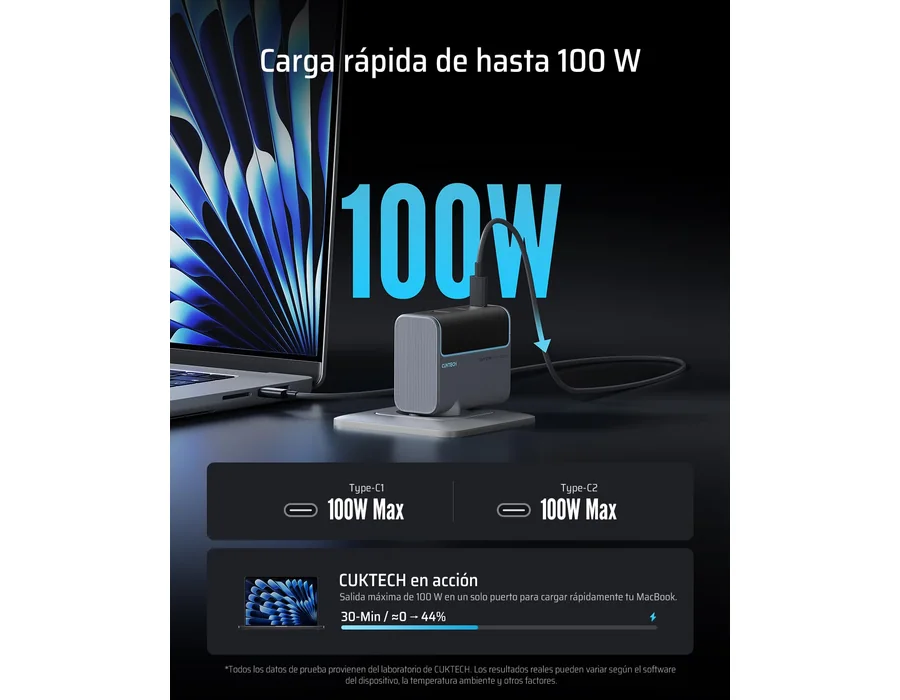 CUKTECH Cargador USB C 100W con 3 Puertos GAN III y PD3.0, Múltiple Compacto para MacBook Air/Pro, iPad Pro, iPhone 16/15/14/13, Samsung S24/S23, Xiaomi - Negro foto 2
