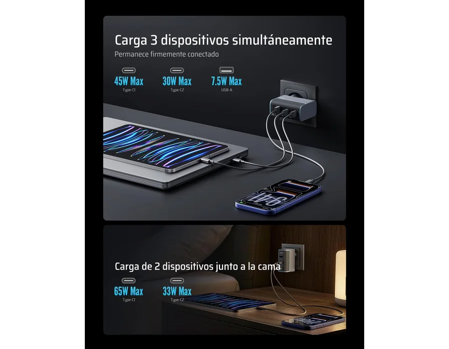 CUKTECH Cargador USB C 100W con 3 Puertos GAN III y PD3.0, Múltiple Compacto para MacBook Air/Pro, iPad Pro, iPhone 16/15/14/13, Samsung S24/S23, Xiaomi - Negro foto 3