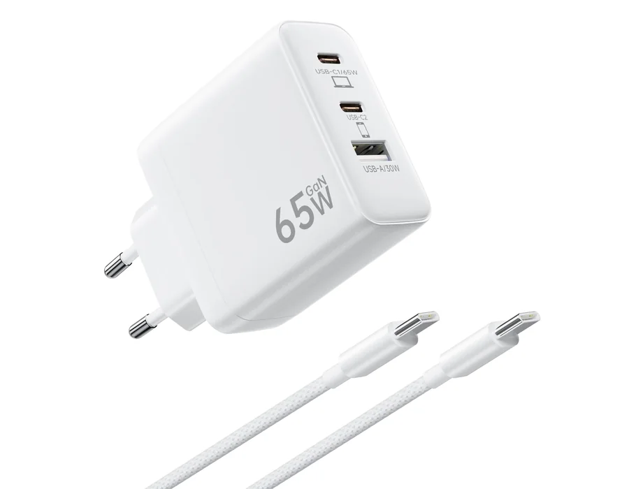 3Ports Cargador 65W USB C, PD & QC3.0 PPS GAN Cargador Rápido Carga Rápida