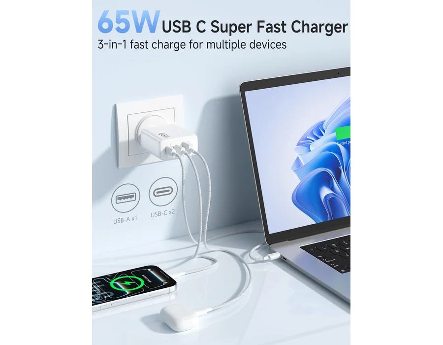 3Ports Cargador 65W USB C, PD & QC3.0 PPS GAN Cargador Rápido Carga Rápida foto 2