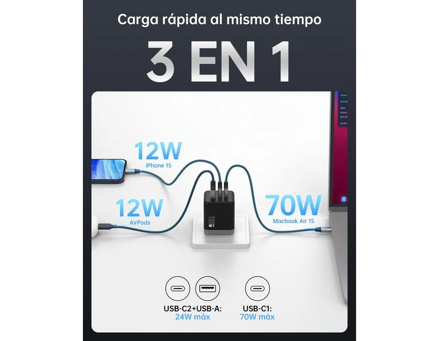NOVOO 100W Cargador USB C, 3 Puertos, 1 Cable PD 100W foto 2