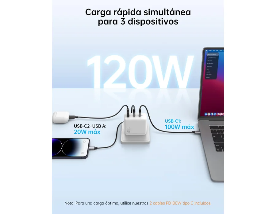 NOVOO Cargador USB C 120W, 3 Puertos, GAN III, Cable PD 100W, iPhone foto 2