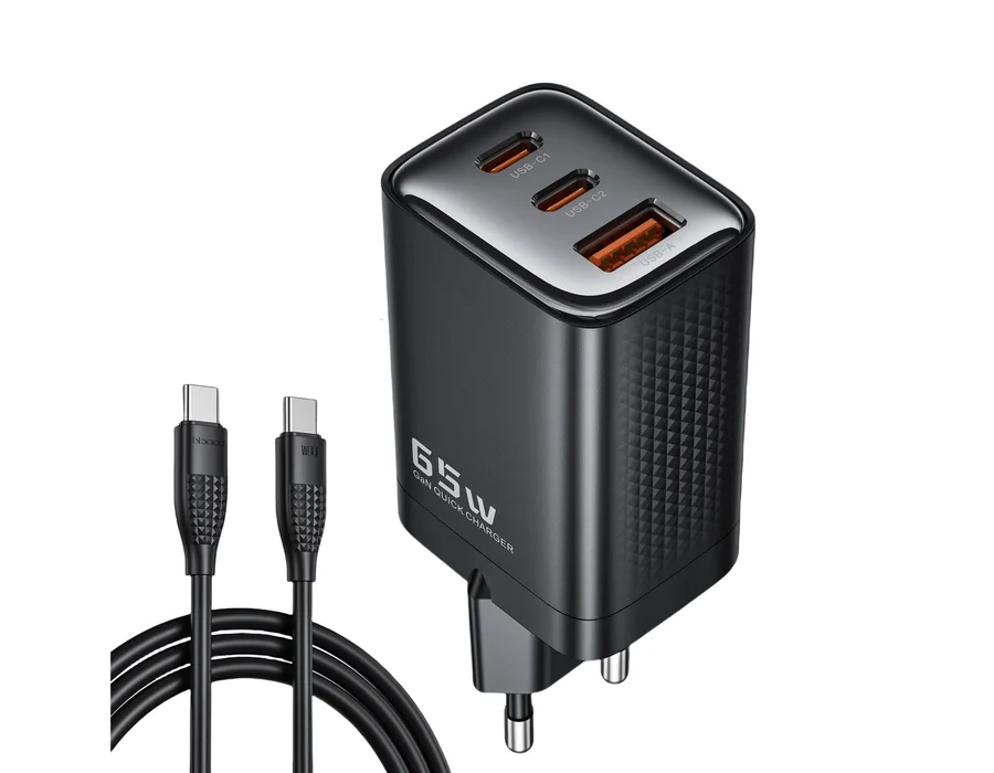 toocki Cargador GAN 65W, 3 Puertos USB-C/A, Cable 100W Incluido, Negro