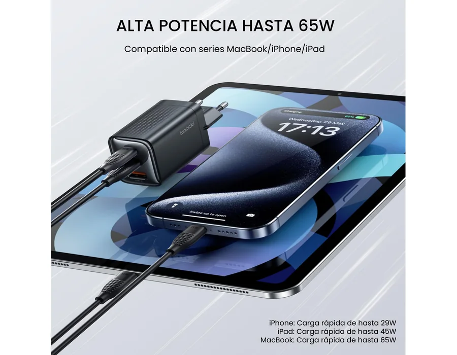 toocki Cargador GAN 65W, 3 Puertos USB-C/A, Cable 100W Incluido, Negro foto 2
