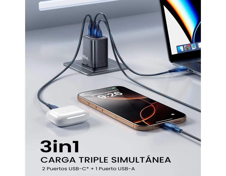toocki Cargador GAN 65W, 3 Puertos USB-C/A, Cable 100W Incluido, Negro foto 3