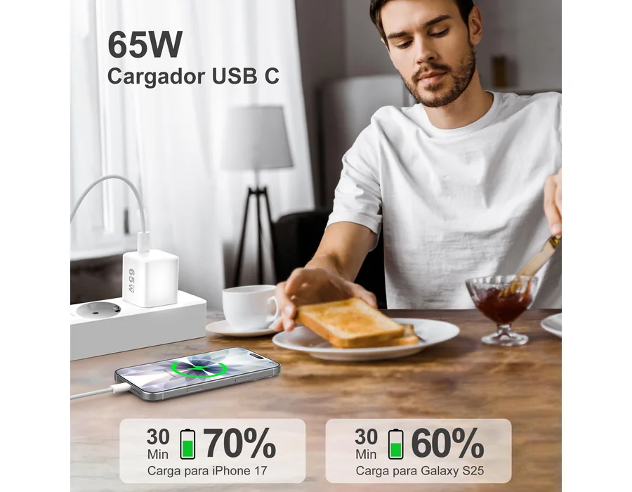 YISH 65W Cargador USB C Carga Rapida:GAN Enchufe Tipo C Cargador PD Cabezal Compatible con iPhone 17 16 15 Samsung S26 S25 S24 MacBook Cargador Movil Carga Rapida USB C Adaptador c foto 3