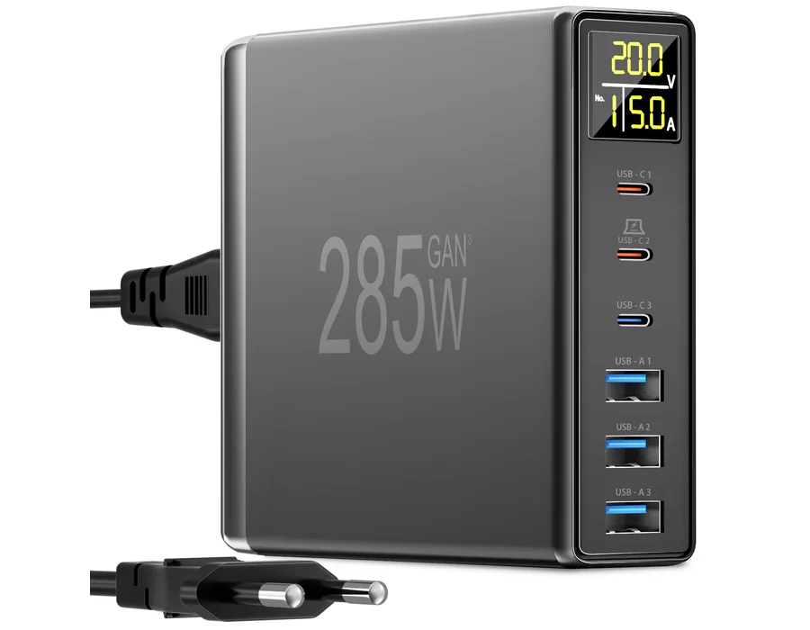285W Cargador USB C Rapida Multiple, YSYFAD 6 Puertos Estacion de Carga con Pantalla LED GAN PD Cargador USB C 100W 65W para Macbook Portátiles Charger USBA Multiple para i Phone P