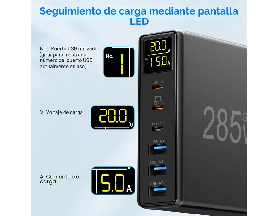 285W Cargador USB C Rapida Multiple, YSYFAD 6 Puertos Estacion de Carga con Pantalla LED GAN PD Cargador USB C 100W 65W para Macbook Portátiles Charger USBA Multiple para i Phone P foto 2