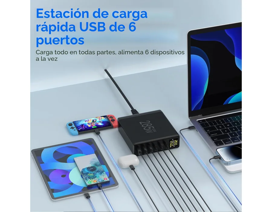 285W Cargador USB C Rapida Multiple, YSYFAD 6 Puertos Estacion de Carga con Pantalla LED GAN PD Cargador USB C 100W 65W para Macbook Portátiles Charger USBA Multiple para i Phone P foto 3