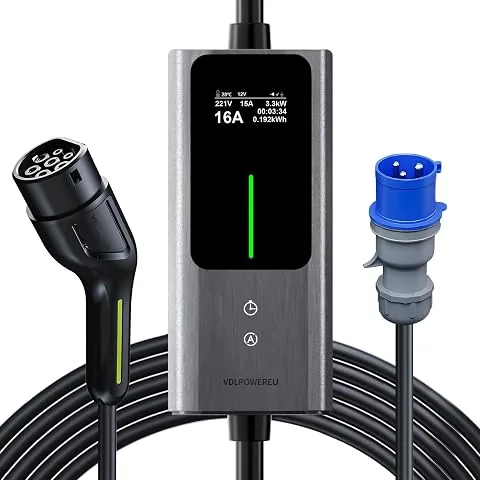 Cargador Coche Eléctrico Tipo 2 | 7,36kW | 6-32A | 5M Cargador EV Portátil, Cargador Vehiculo Electrico de Corriente Ajustable con antalla Digital, IP65, IEC 62196-2 VDLPOWEREU
