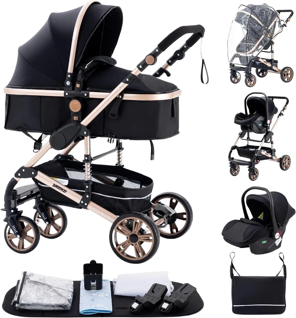 Cochecito para bebé 3 en 1, Carrito Plegable con Gran Canopy, Suspensión de Ruedas y Gran Cesta de Carga ，adecuado para 0-3 años, carga máxima de 25 kg
