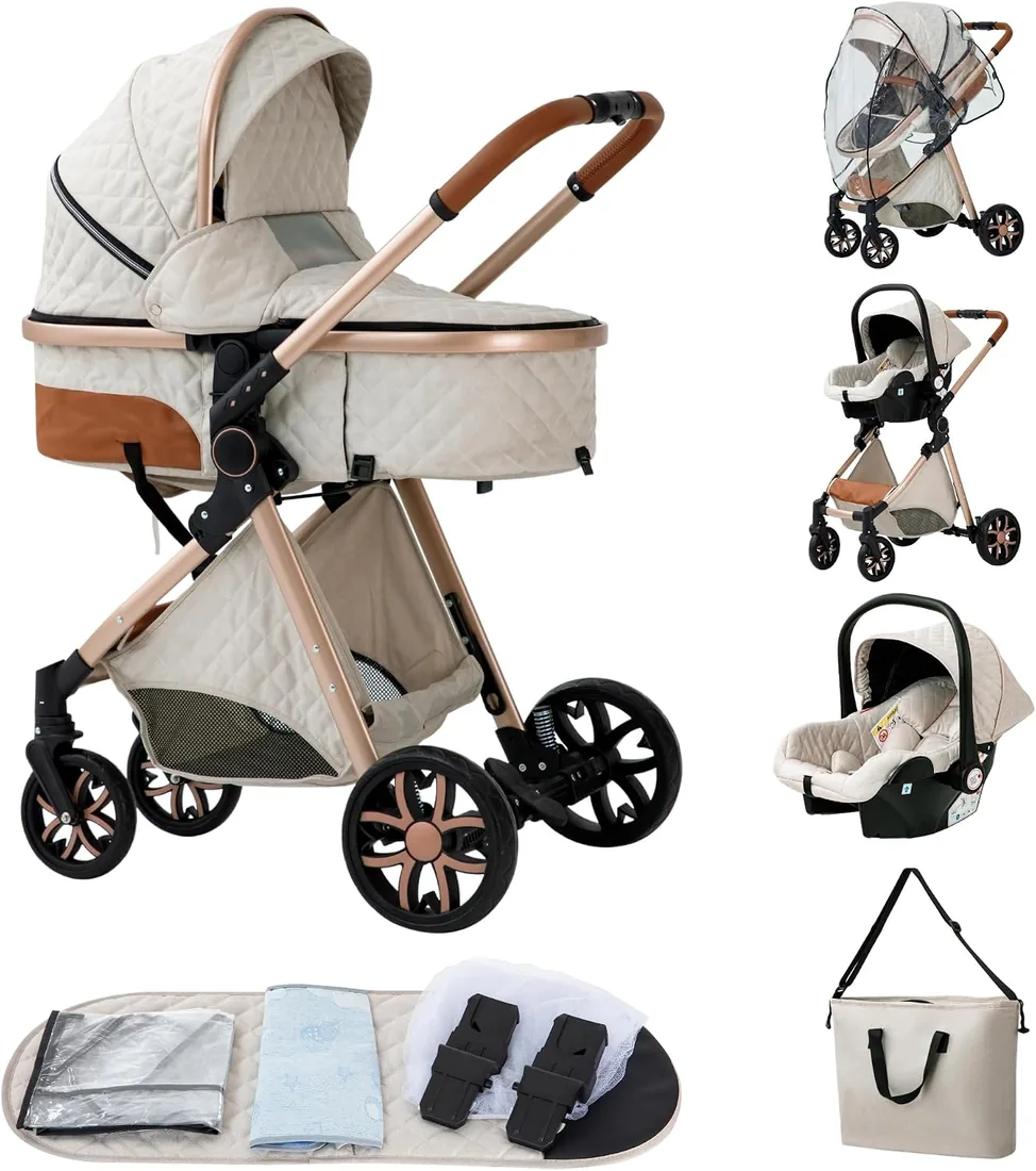 Cochecito para bebé 3 en 1, Carrito Plegable con Gran Canopy, Suspensión de Ruedas y Gran Cesta de Carga ,adecuado para 0-3 años, carga máxima de 25 kg foto 3