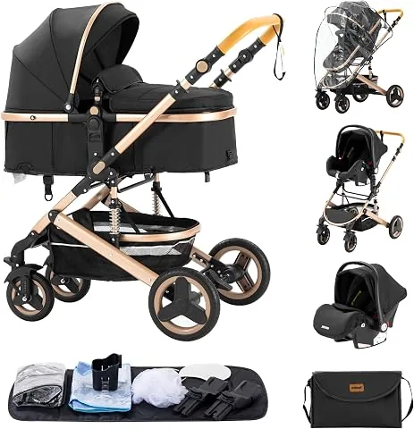 Cochecito para bebé 3 en 1 - Sistema de viaje versátil, para uso desde el nacimiento hasta los 3 años - Combinación de cochecito, cuna - Incluye bolsos de mamá, tapa (3 in 1 530 Negro)