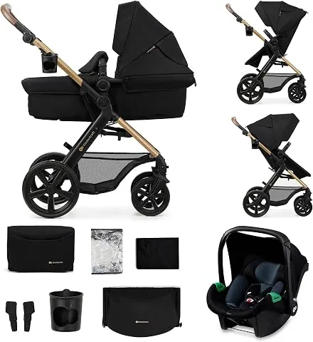 Kinderkraft MOOV 2, carrito 3 en 1 con capazo y silla de paseo 2 en 1, ruedas grandes antipinchazos, Travel System con silla de coche, hasta 22 kg, Negro