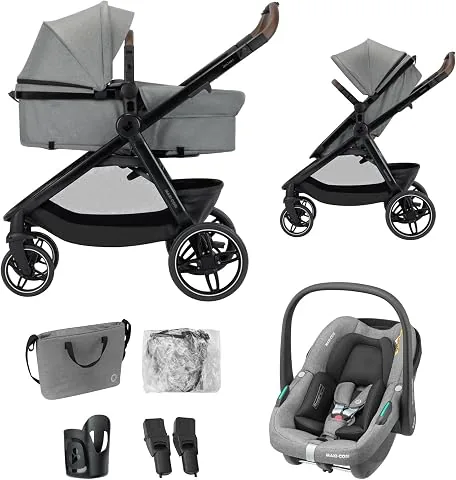 Maxi Cosi Zelia Select Trio, Cochecito de Bebé 3 en 1 con Silla de Coche, 0-4 Años (0-22 kg), Plegado con una mano, Compacta y Reversible, con Silla Coche Bebé CabrioFix S i-Size incluida, Gris