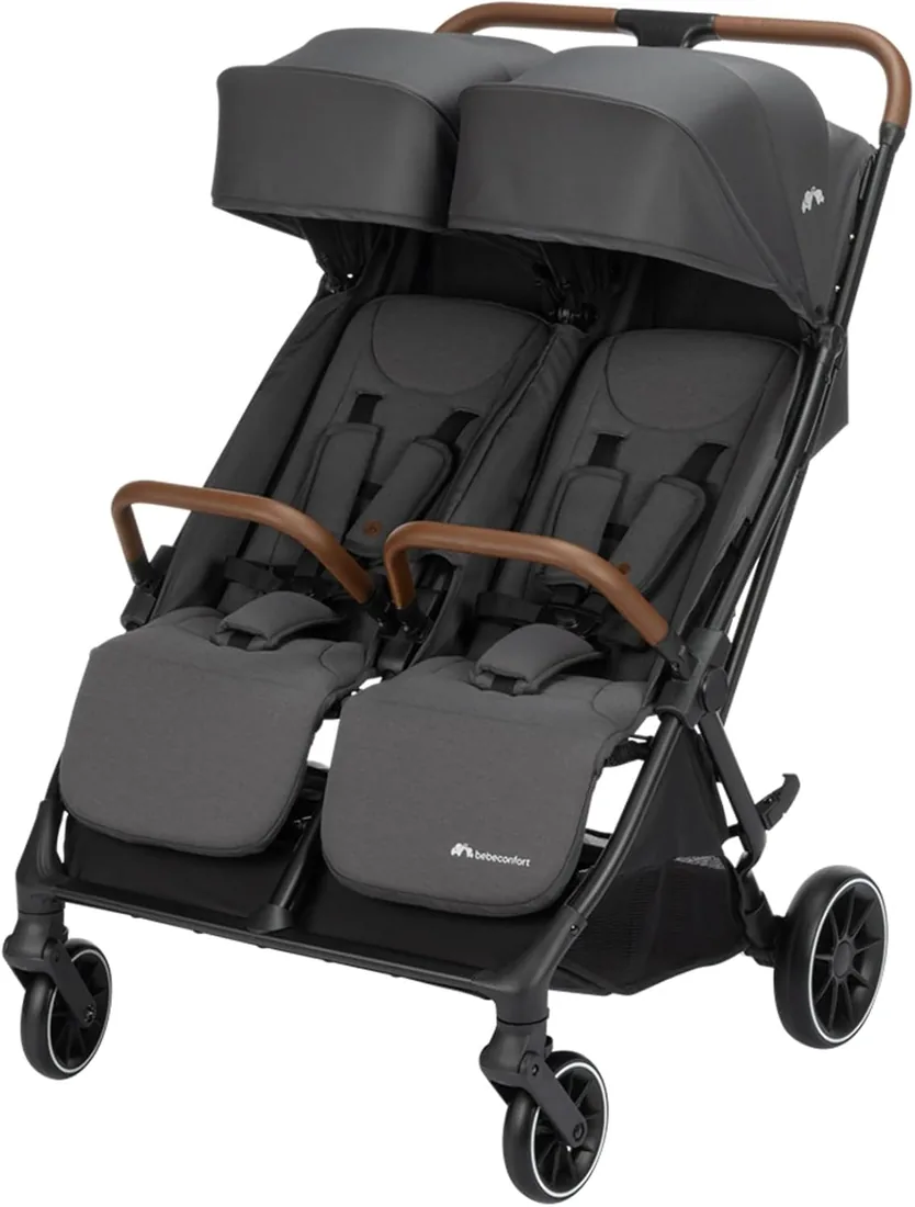 Bebeconfort Mane, Carrito Gemelar, 0-22 kg, Plegado Automático, Reclinación Total, Barras De Seguridad Giratorias, Arnés 5 Puntos, Ventana De Malla, Burbuja Impermeable, Cesta (8 kg), Mineral Graphite