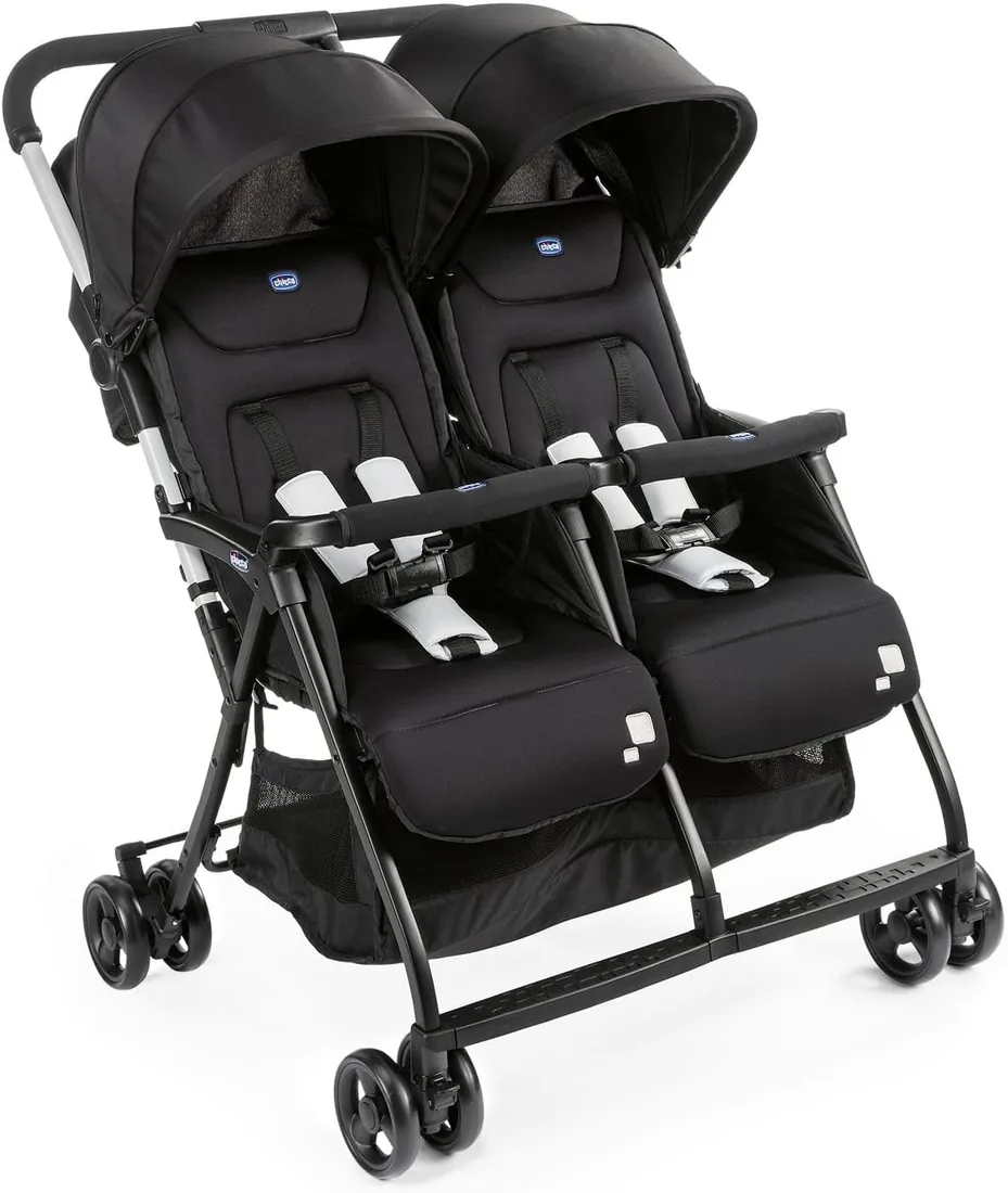 Chicco OHlalà Twin Silla de Paseo Gemelar desde 0 Meses hasta 15 kg para Gemelos y Hermanos, Cochecito Doble Reclinable y Plegable, Ligero, Plegado Compacto, Cubierta Lluvia - Color Negro
