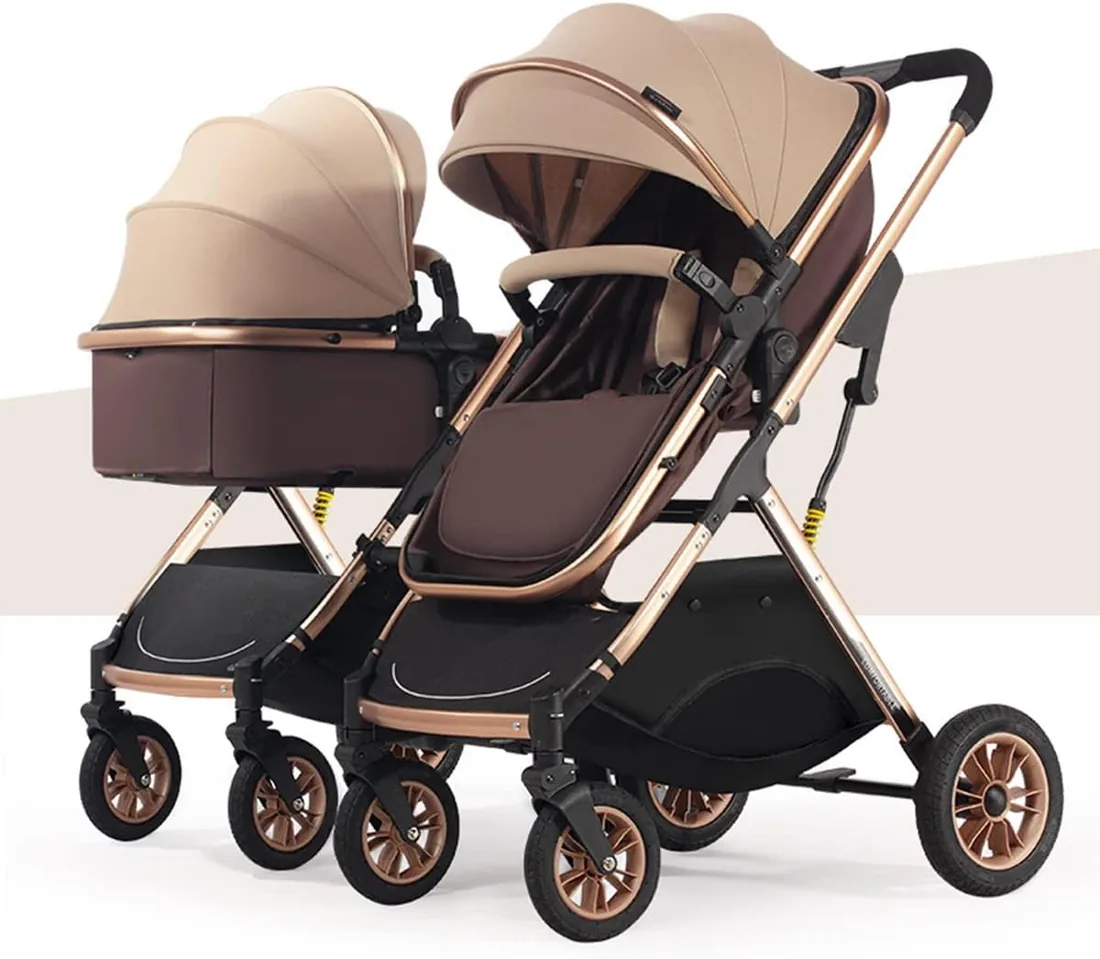 Cochecito doble for niños pequeños uno al lado del otro, cochecito de bebé bidireccional for gemelos, cochecito desmontable, asiento de paisaje alto y dosel ajustable (Color : Khaki) foto 3
