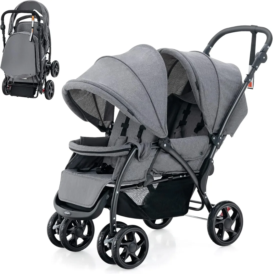 COSTWAY Carrito Gemelar Plegable, Silla de Paseo Doble Carga hasta 30kg, Sillita Doble para Gemelos con Cinturón de Seguridad de 5 Puntos, Respaldo Ajustable y Ruedas Bloqueables (Gris)