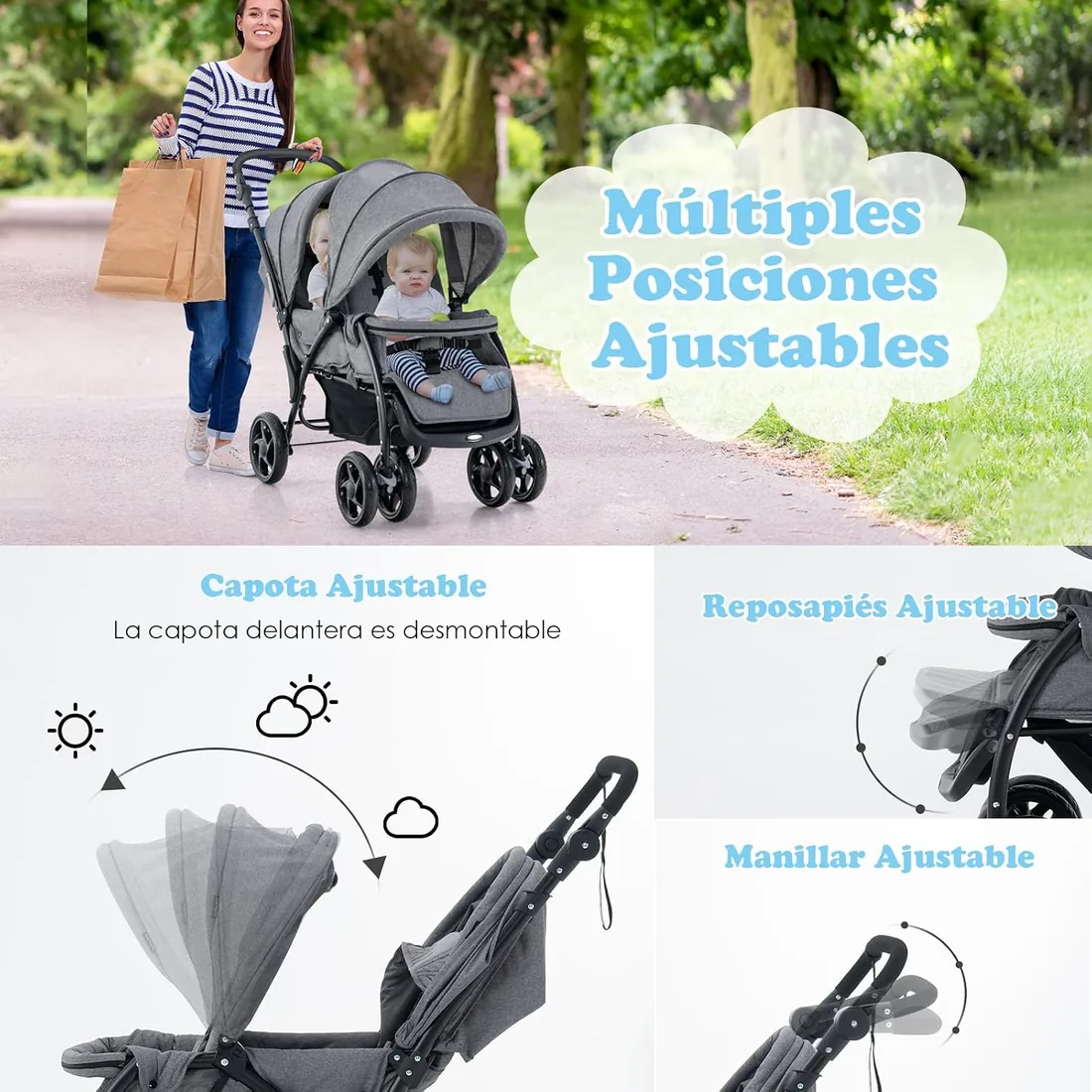COSTWAY Carrito Gemelar Plegable, Silla de Paseo Doble Carga hasta 30kg, Sillita Doble para Gemelos con Cinturón de Seguridad de 5 Puntos, Respaldo Ajustable y Ruedas Bloqueables (Gris) foto 2